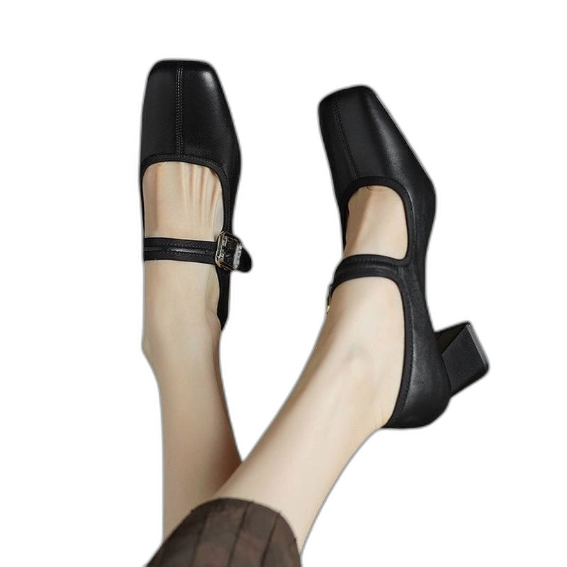 Comfortable Black Leather Mary Jane Shoes for Women with Block Heel Closed Toe Buckle Casual Style