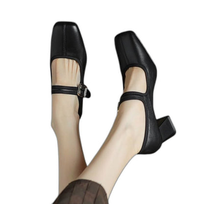 Comfortable Black Leather Mary Jane Shoes for Women with Block Heel Closed Toe Buckle Casual Style
