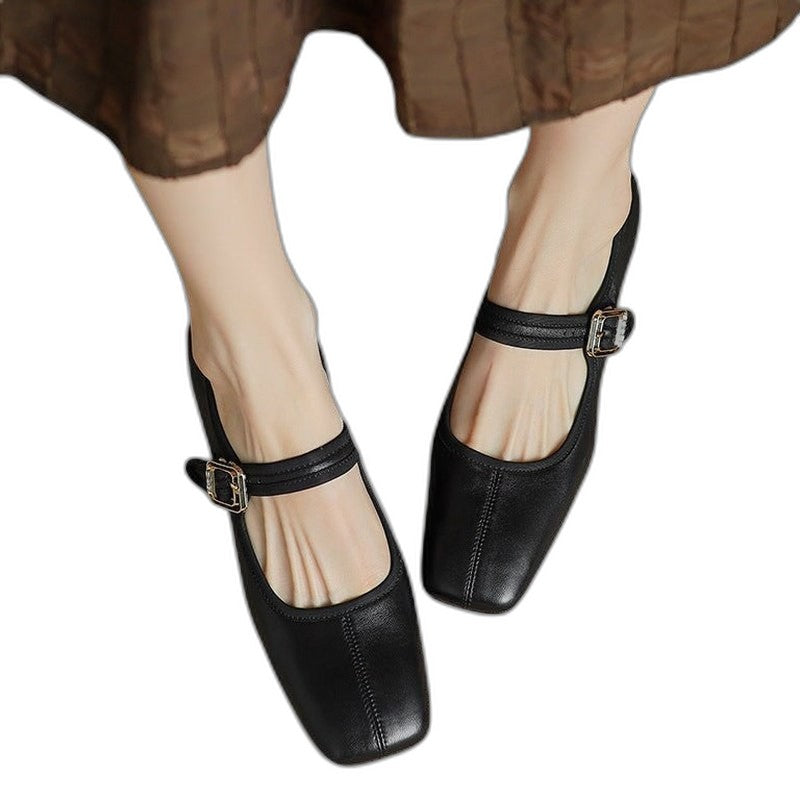 Comfortable Black Leather Mary Jane Shoes for Women with Block Heel Closed Toe Buckle Casual Style