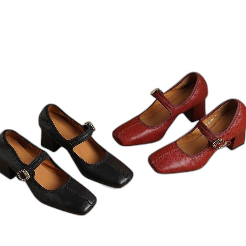 Comfortable Black Leather Mary Jane Shoes for Women with Block Heel Closed Toe Buckle Casual Style
