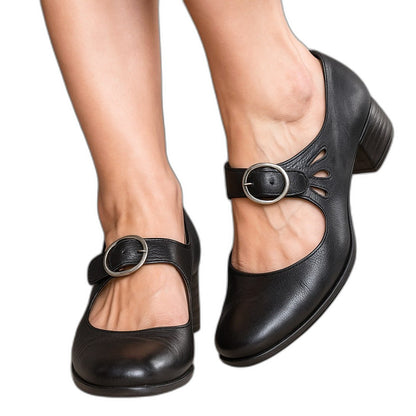 Comfortable Black Leather Mary Jane Shoes for Women with Block Heel Closed Toe Buckle Office Style