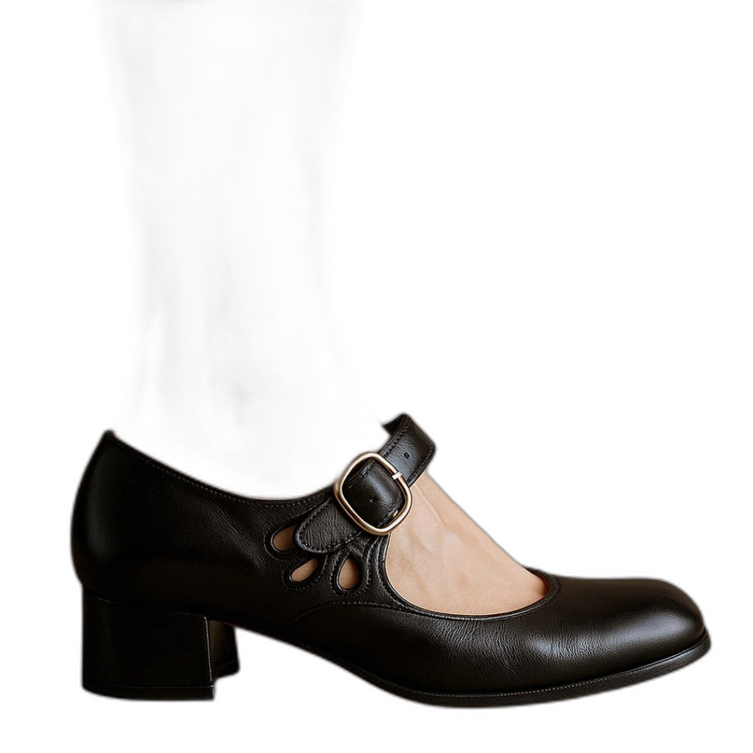 Comfortable Black Leather Mary Jane Shoes for Women with Block Heel Closed Toe Buckle Office Style