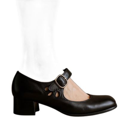 Comfortable Black Leather Mary Jane Shoes for Women with Block Heel Closed Toe Buckle Office Style