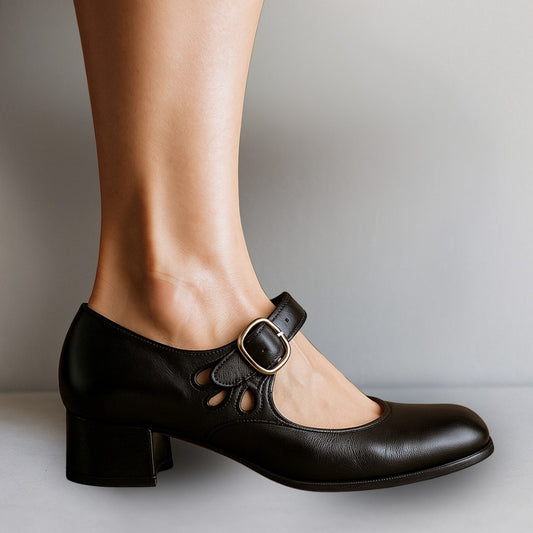 Comfortable Black Leather Mary Jane Shoes for Women with Block Heel Closed Toe Buckle Office Style