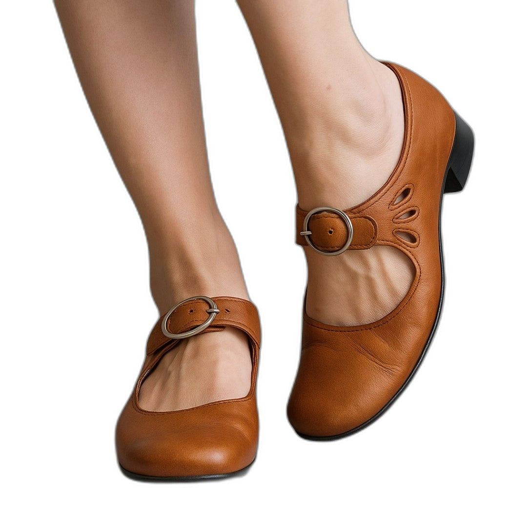 Comfortable Black Leather Mary Jane Shoes for Women with Block Heel Closed Toe Buckle Office Style
