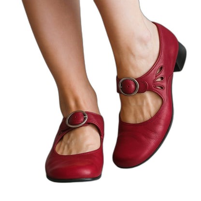 Comfortable Black Leather Mary Jane Shoes for Women with Block Heel Closed Toe Buckle Office Style