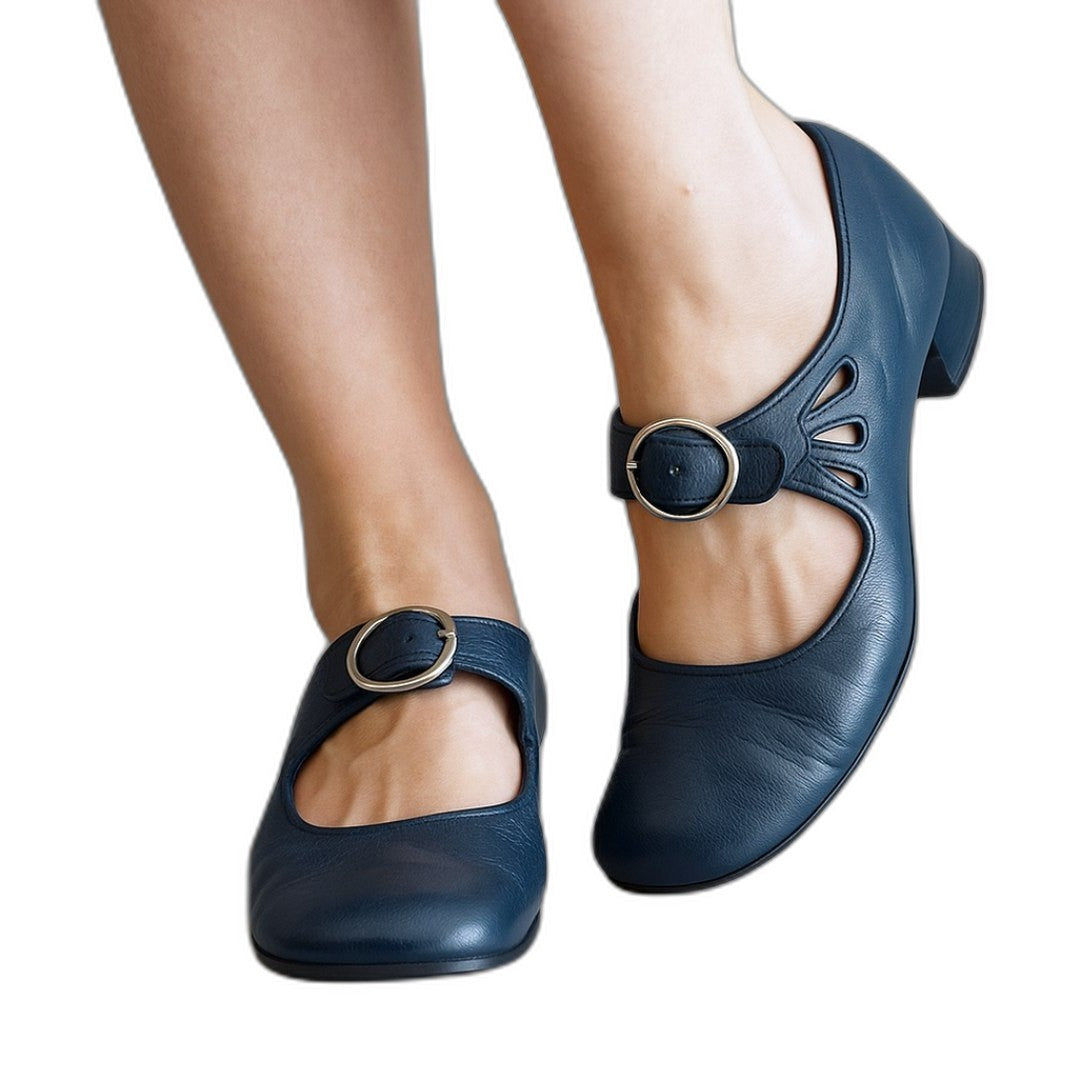 Comfortable Black Leather Mary Jane Shoes for Women with Block Heel Closed Toe Buckle Office Style