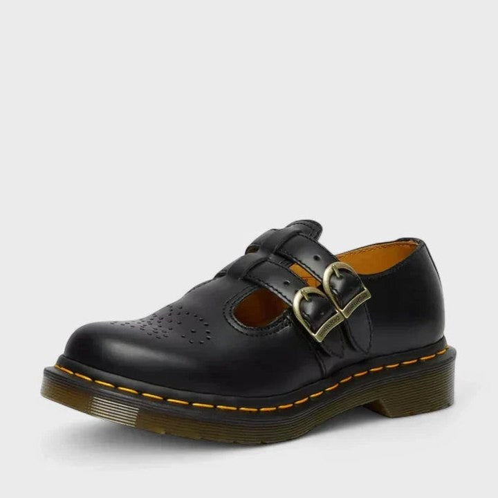 Comfortable Black Leather Mary Jane Shoes for Women with Closed Toe Buckle Casual Style