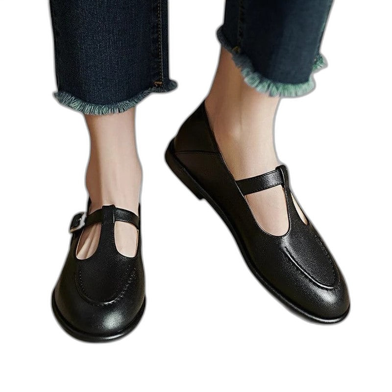 Comfortable Black Leather Mary Jane Shoes for Women with Closed Toe Buckle Casual Style