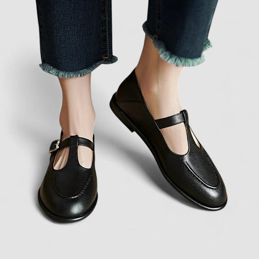 Comfortable Black Leather Mary Jane Shoes for Women with Closed Toe Buckle Casual Style