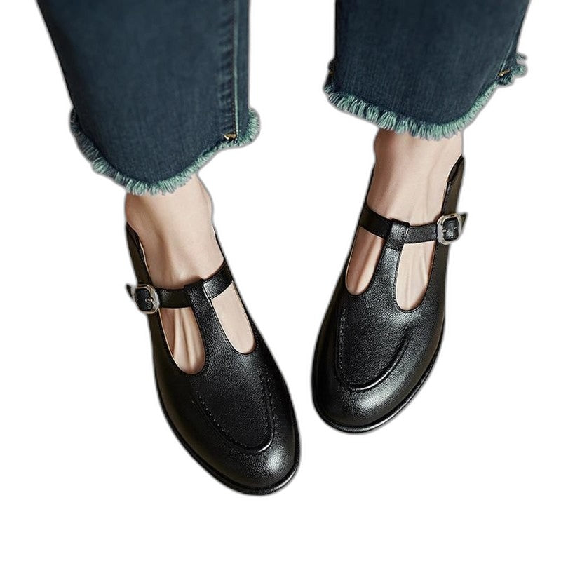 Comfortable Black Leather Mary Jane Shoes for Women with Closed Toe Buckle Casual Style