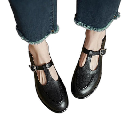 Comfortable Black Leather Mary Jane Shoes for Women with Closed Toe Buckle Casual Style