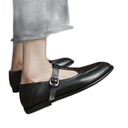 Comfortable Black Leather Mary Jane Shoes for Women with Closed Toe Buckle Casual Style