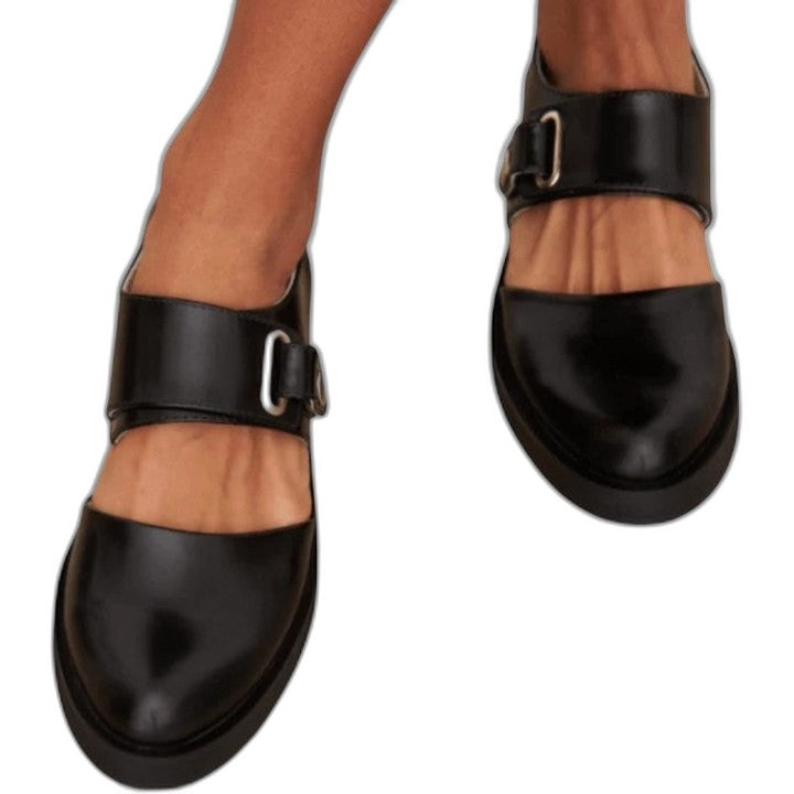 Comfortable Black Leather Mary Jane Shoes for Women with Closed Toe Buckle Casual Style