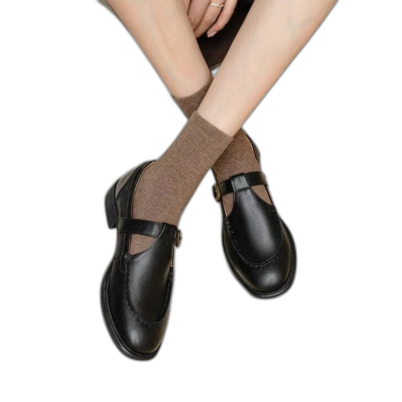 Comfortable Black Leather Mary Jane Shoes for Women with Closed Toe Buckle Casual Style