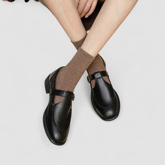 Comfortable Black Leather Mary Jane Shoes for Women with Closed Toe Buckle Casual Style