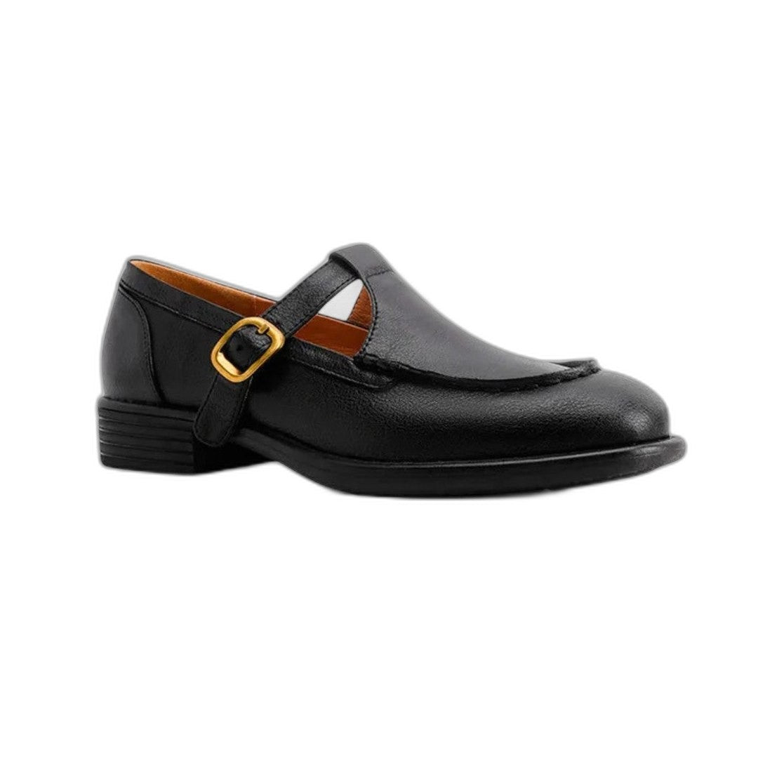 Comfortable Black Leather Mary Jane Shoes for Women with Closed Toe Buckle Casual Style
