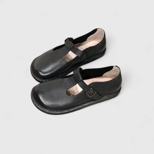 Comfortable Black Leather Mary Jane Shoes for Women with Closed Toe Buckle Casual Style