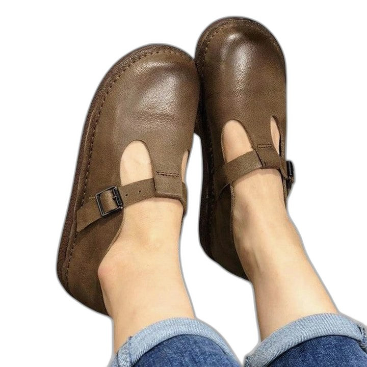 Comfortable Black Leather Mary Jane Shoes for Women with Closed Toe Buckle Casual Style