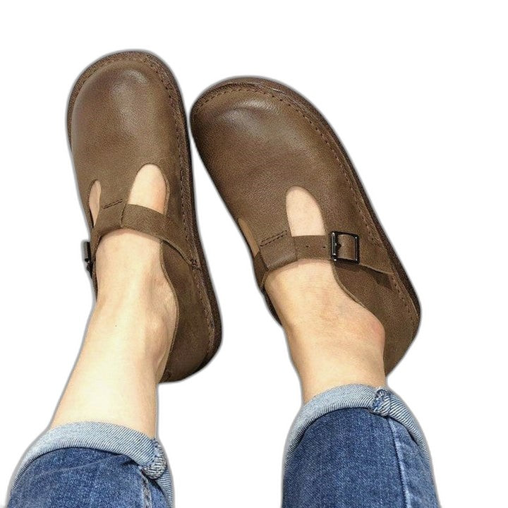 Comfortable Black Leather Mary Jane Shoes for Women with Closed Toe Buckle Casual Style
