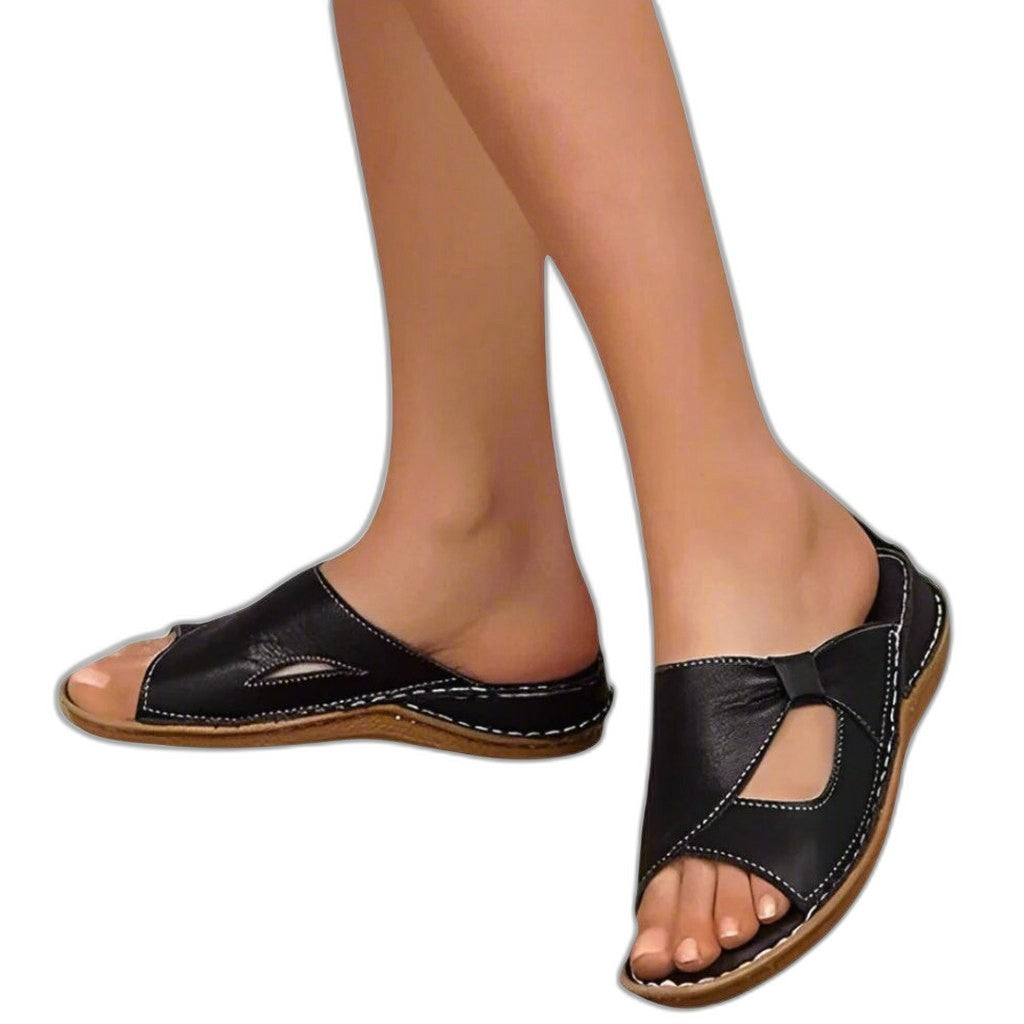 Comfortable Black Leather Mules for Women with Cutout Open Toe Casual Style