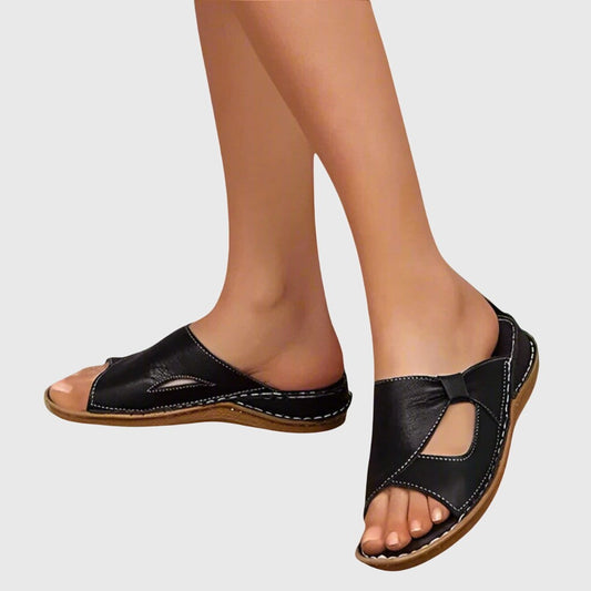 Comfortable Black Leather Mules for Women with Cutout Open Toe Casual Style