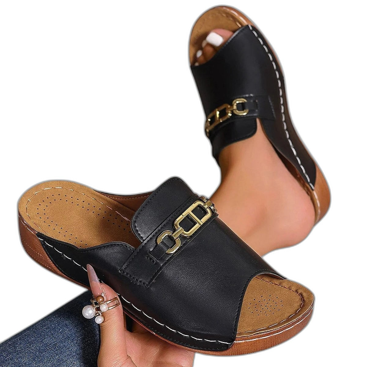 Comfortable Black Leather Mules for Women with Platform Open Toe Buckle Casual Style