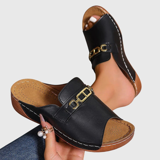 Comfortable Black Leather Mules for Women with Platform Open Toe Buckle Casual Style