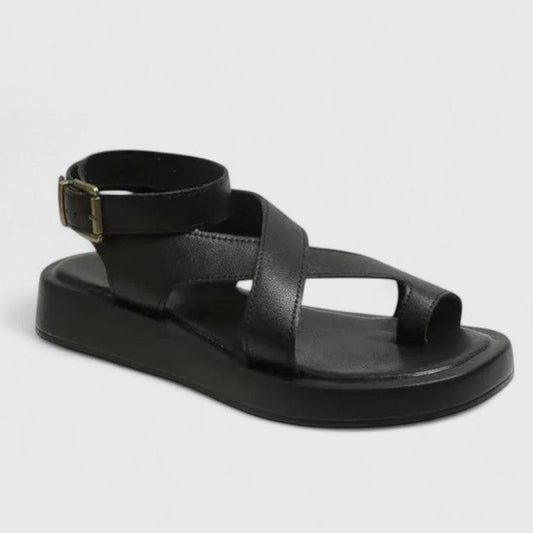 Comfortable Black Leather Sandals for Women with Ankle Strap Open Toe Buckle Casual Style