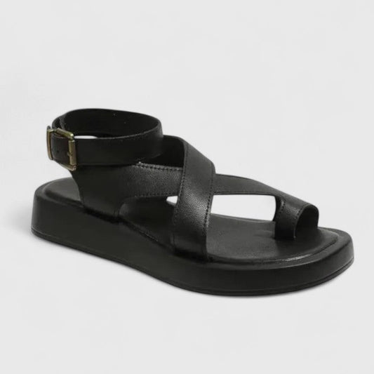 Comfortable Black Leather Sandals for Women with Ankle Strap Open Toe Buckle Casual Style