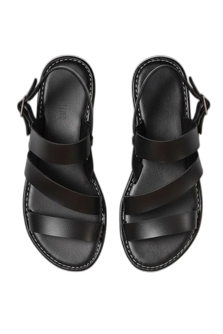 Comfortable Black Leather Sandals for Women with Ankle Strap Open Toe Buckle Casual Style