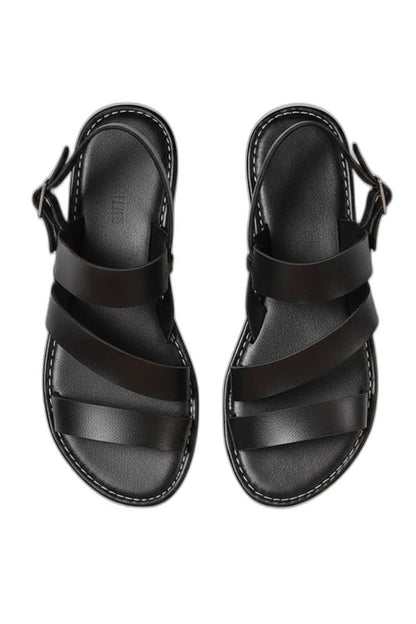 Comfortable Black Leather Sandals for Women with Ankle Strap Open Toe Buckle Casual Style