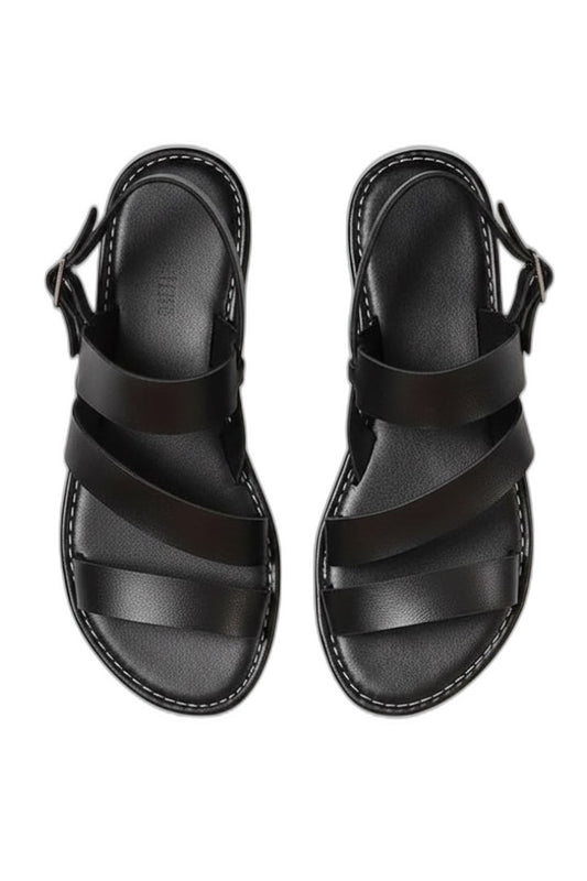 Comfortable Black Leather Sandals for Women with Ankle Strap Open Toe Buckle Casual Style
