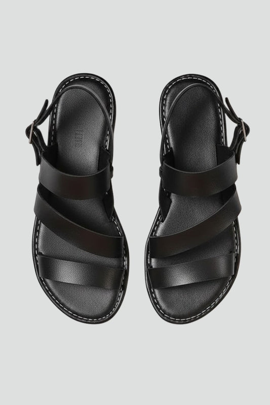 Comfortable Black Leather Sandals for Women with Ankle Strap Open Toe Buckle Casual Style