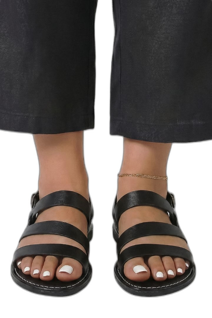 Comfortable Black Leather Sandals for Women with Ankle Strap Open Toe Buckle Casual Style
