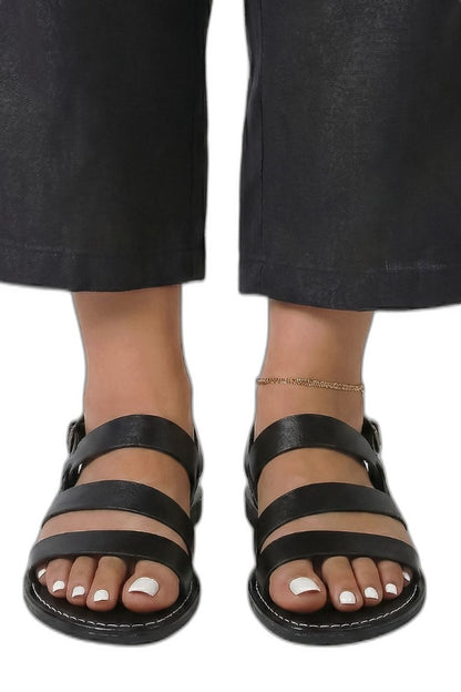 Comfortable Black Leather Sandals for Women with Ankle Strap Open Toe Buckle Casual Style