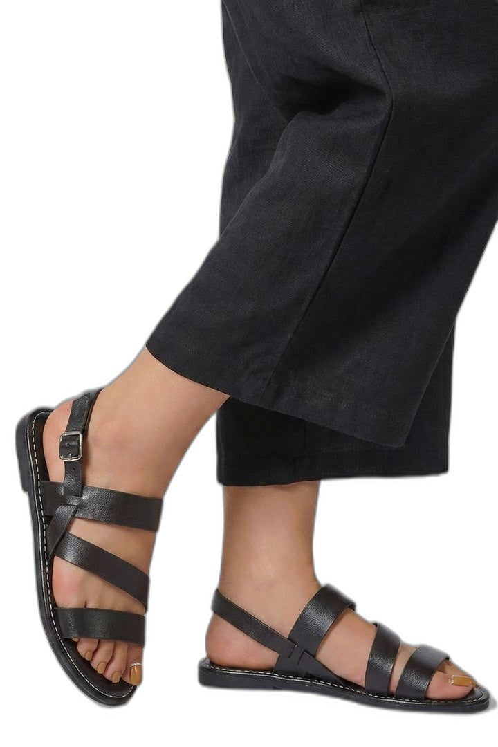 Comfortable Black Leather Sandals for Women with Ankle Strap Open Toe Buckle Casual Style