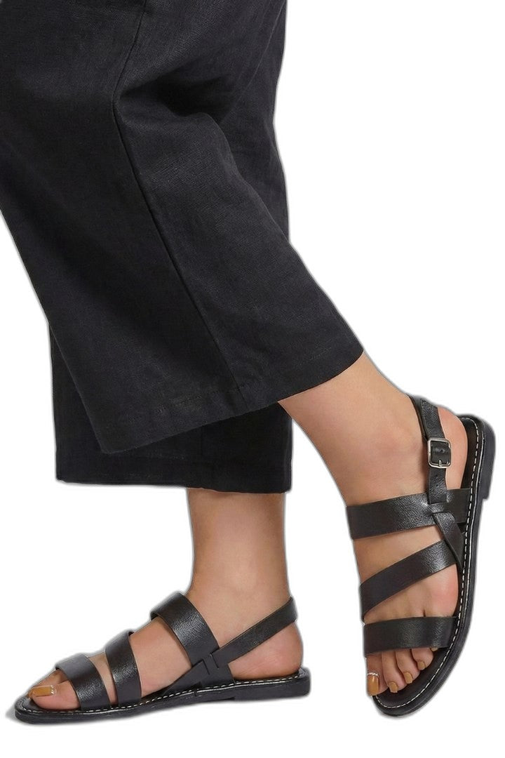 Comfortable Black Leather Sandals for Women with Ankle Strap Open Toe Buckle Casual Style