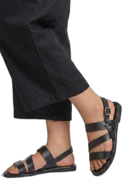 Comfortable Black Leather Sandals for Women with Ankle Strap Open Toe Buckle Casual Style