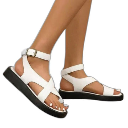 Comfortable Black Leather Sandals for Women with Ankle Strap Open Toe Buckle Casual Style