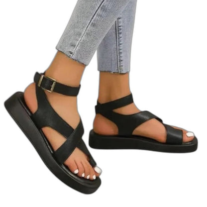 Comfortable Black Leather Sandals for Women with Ankle Strap Open Toe Buckle Casual Style