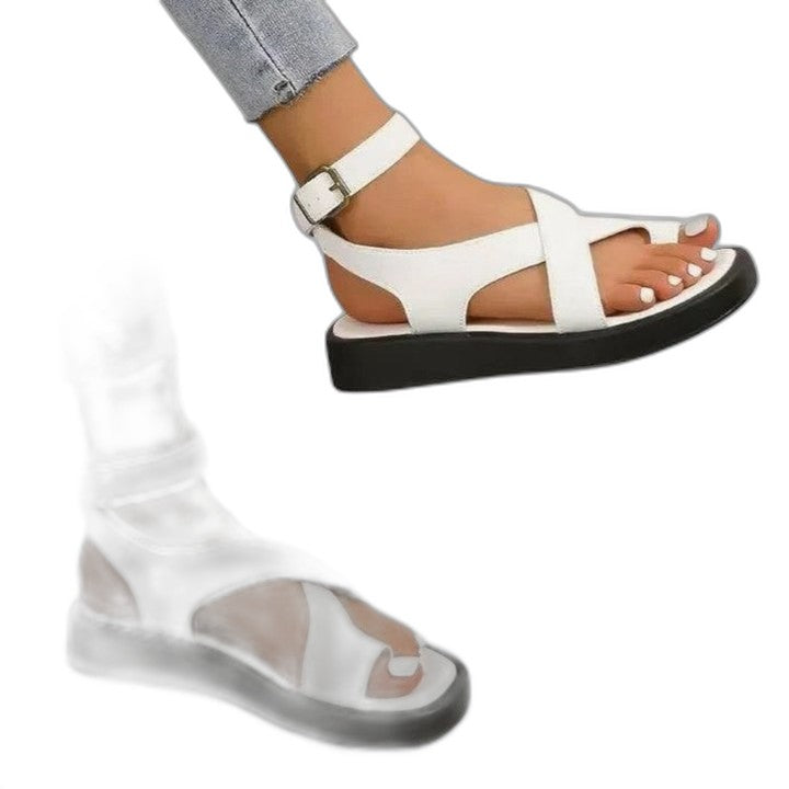 Comfortable Black Leather Sandals for Women with Ankle Strap Open Toe Buckle Casual Style