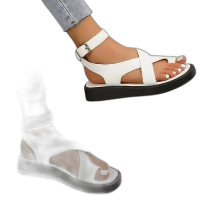 Comfortable Black Leather Sandals for Women with Ankle Strap Open Toe Buckle Casual Style