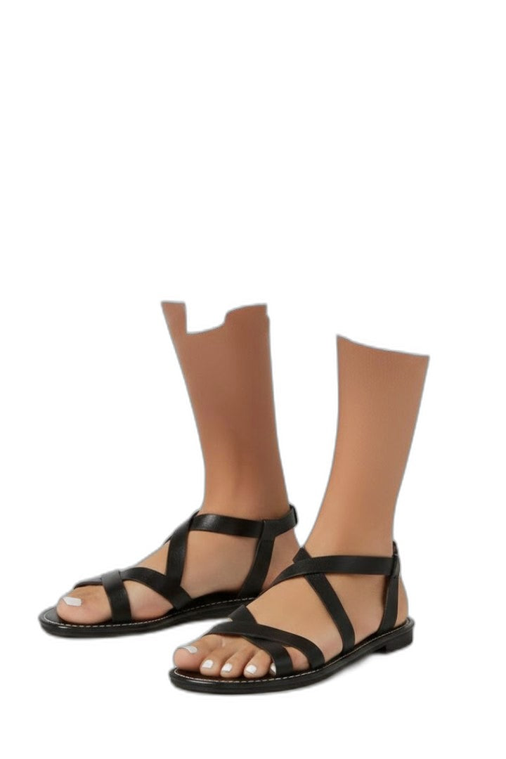 Comfortable Black Leather Sandals for Women with Ankle Strap Open Toe Casual Style