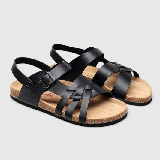 Comfortable Black Leather Sandals for Women with Ankle Strap Slingback Open Toe Buckle Casual Style