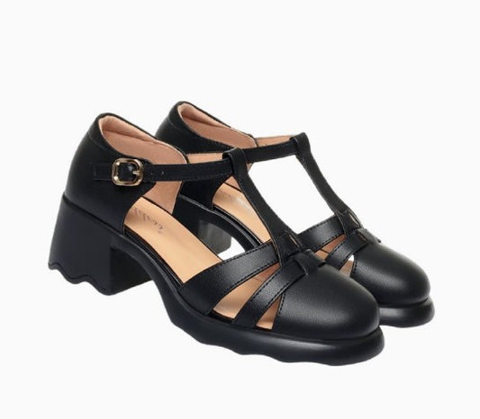 Comfortable Black Leather Sandals for Women with Block Heel Ankle Strap Closed Toe Buckle Casual Style