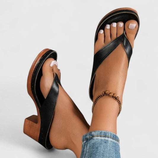 Comfortable Black Leather Sandals for Women with Block Heel Ankle Strap Open Toe Casual Style