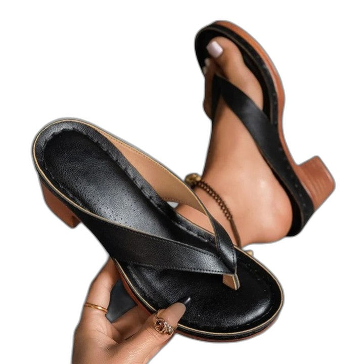 Comfortable Black Leather Sandals for Women with Block Heel Ankle Strap Open Toe Casual Style