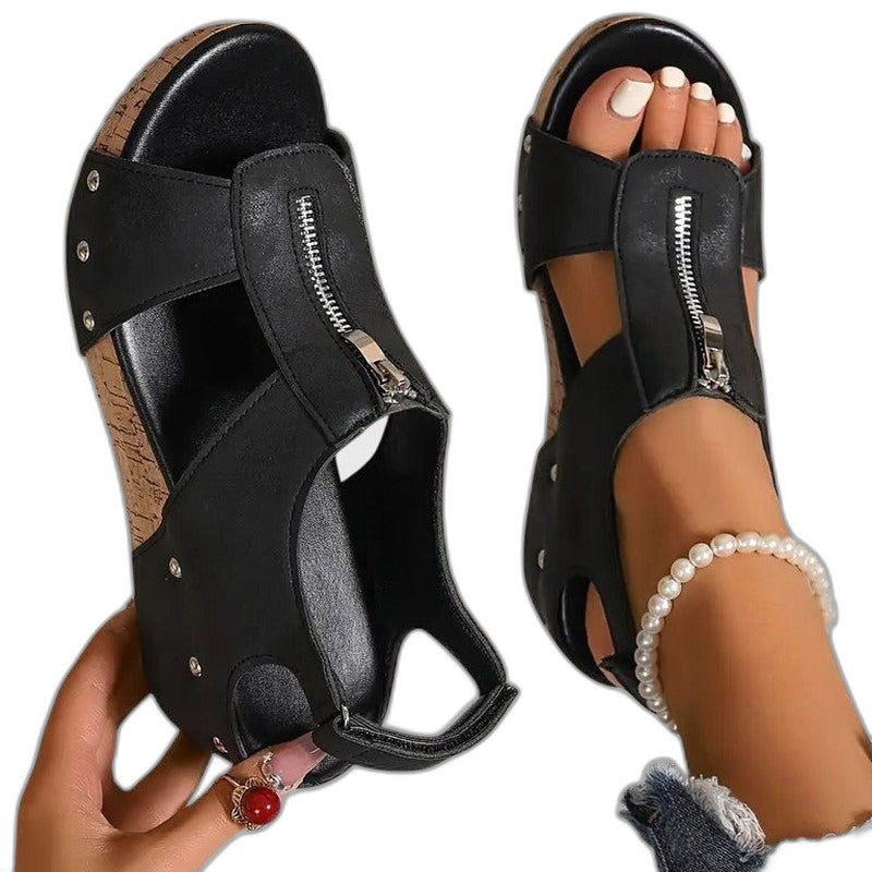 Comfortable Black Leather Sandals for Women with Cutout Closed Toe Buckle Casual Style