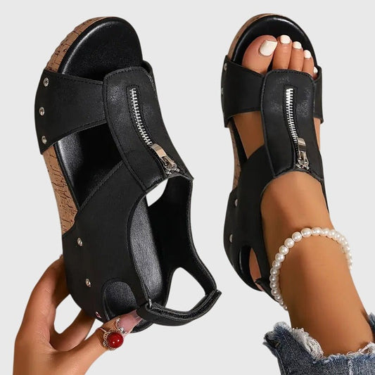 Comfortable Black Leather Sandals for Women with Cutout Closed Toe Buckle Casual Style
